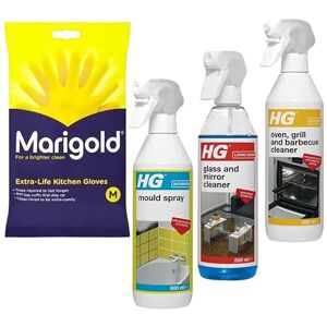 Marigold & HG Cleaner 500ml Bundle – Oven, Grill&BBQ Cleaner Spray, Glass & Mirror Cleaner and Mould Spray with Gloves (M) Powerful Cleaning Solution for a Sparkling Home