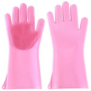 DadaA Magic Silicone Dishwashing Gloves Scrubbing Sponge Gloves for Dish, Kitchen, Car, Bathroom, Pet and More,1 Pair (Pink)