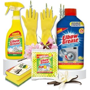 Sinta Gifts Elbow Grease Washing Machine Cleaner Bundle Double Strength Washing Machine Cleaner 250ml, All Purpose Degreaser 500ml, Rubber Gloves L 1pk, Supersize Cloth 3pk & Scourer 1pc Laundry Cleaning Kit