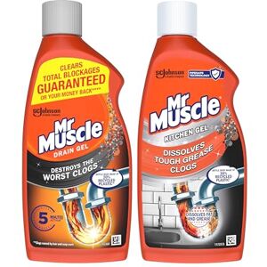 Mr Muscle Drain Unblocker & Cleaner Gel Duo Pack, Kitchen Drain Unblocker 500ml + Bathroom Drain Unblocker 500ml, Dissolves Tough Clogs, Works 3x Better Than Bleach, Safe for All Pipes