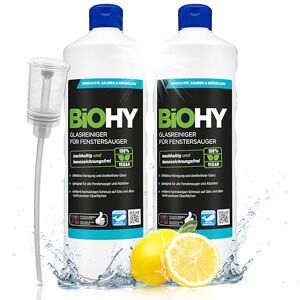 BiOHY Glass Cleaner for Window Vacuums (2 x 1l Bottle) + Dispenser suitable for all window acids ensures a brilliant shine on all smooth surfaces (Glasreiniger)