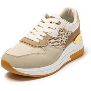 JOMIX Baskets Femmes Sneakers Casual Chaussures Compensées élégantes Confortable Respirant Marche Fitness (Beige, 38) - Publicité