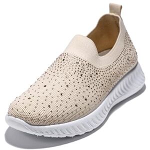 JOMIX Chaussure sans Lacets Femmes Chaussures de Marche Femmes Chaussures Slip on Baskets Femme Respirantes Légères (Beige, 39) - Publicité