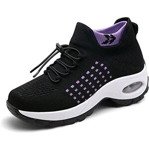 PADGENE Chaussures de Course à Coussin, Tricot Femme Chaussures de Course de Voyage Décontracté, Baskets Course Gym Fitness, Chaussures de Sport de Mode en Plein, Z Noir + Violet Classique, 37 EU - Publicité