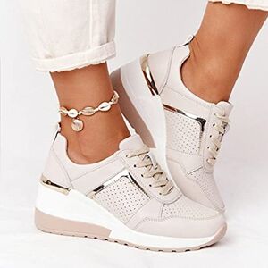 Yagerty Chaussures de Marche pour Femmes Talon compensé à Semelles épaisses Maille Respirante Tennis Baskets décontractées Mousse à mémoire Baskets de Course légères, Beige, 35 EU - Publicité