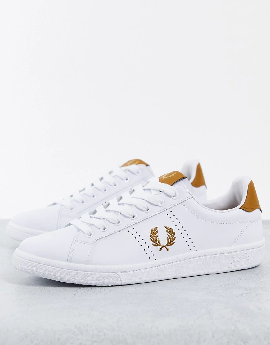 Fred Perry B721 leather gold logo trainers in white  White