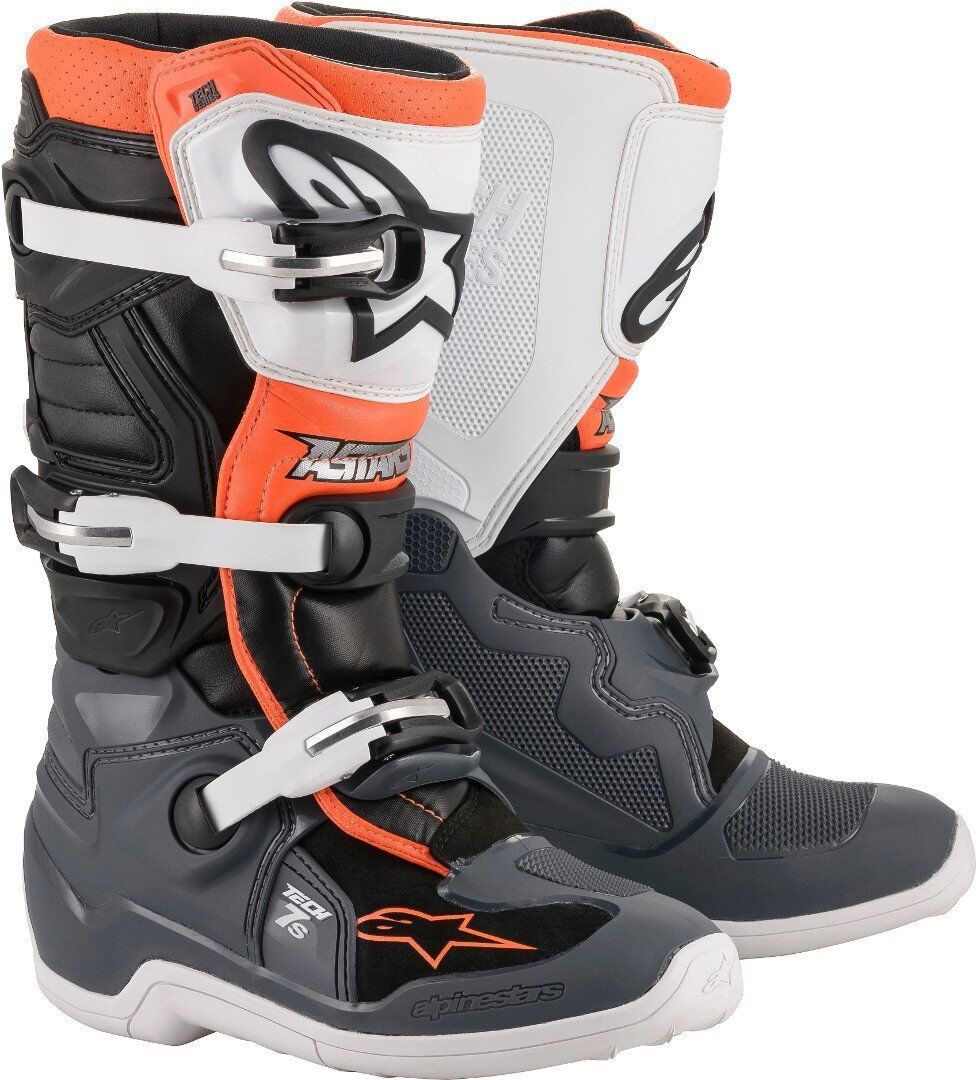 Alpinestars Tech 7S Youth Motocross Boots Bottes de motocross pour les jeunes Gris Blanc Orange 42