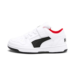 Puma Rebound Lay-Up Lo V Kids Sneaker Schuhe Für Kinder   Mit Aucun   Weiß/Schwarz/Rot   Größe: 33