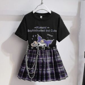 Sanrios Cartoon Kawaii Piger Hvid T-shirt jakkesæt Kuromi Sød sommer Kortærmet College Jk Uniform Nederdel Moderigtigt nederdel til børn Kuromi2 150cm