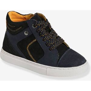 VERTBAUDET Zapatillas de piel con caña alta, cordones y cremalleras, niño azul oscuro liso