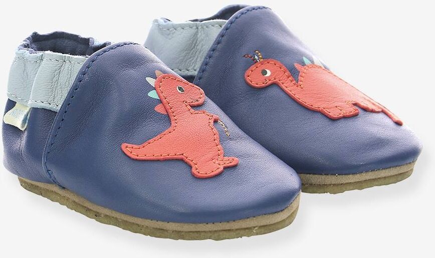 Zapatillas de casa de piel ligera para bebé Dino Time ROBEEZ© azul oscuro liso con motivos