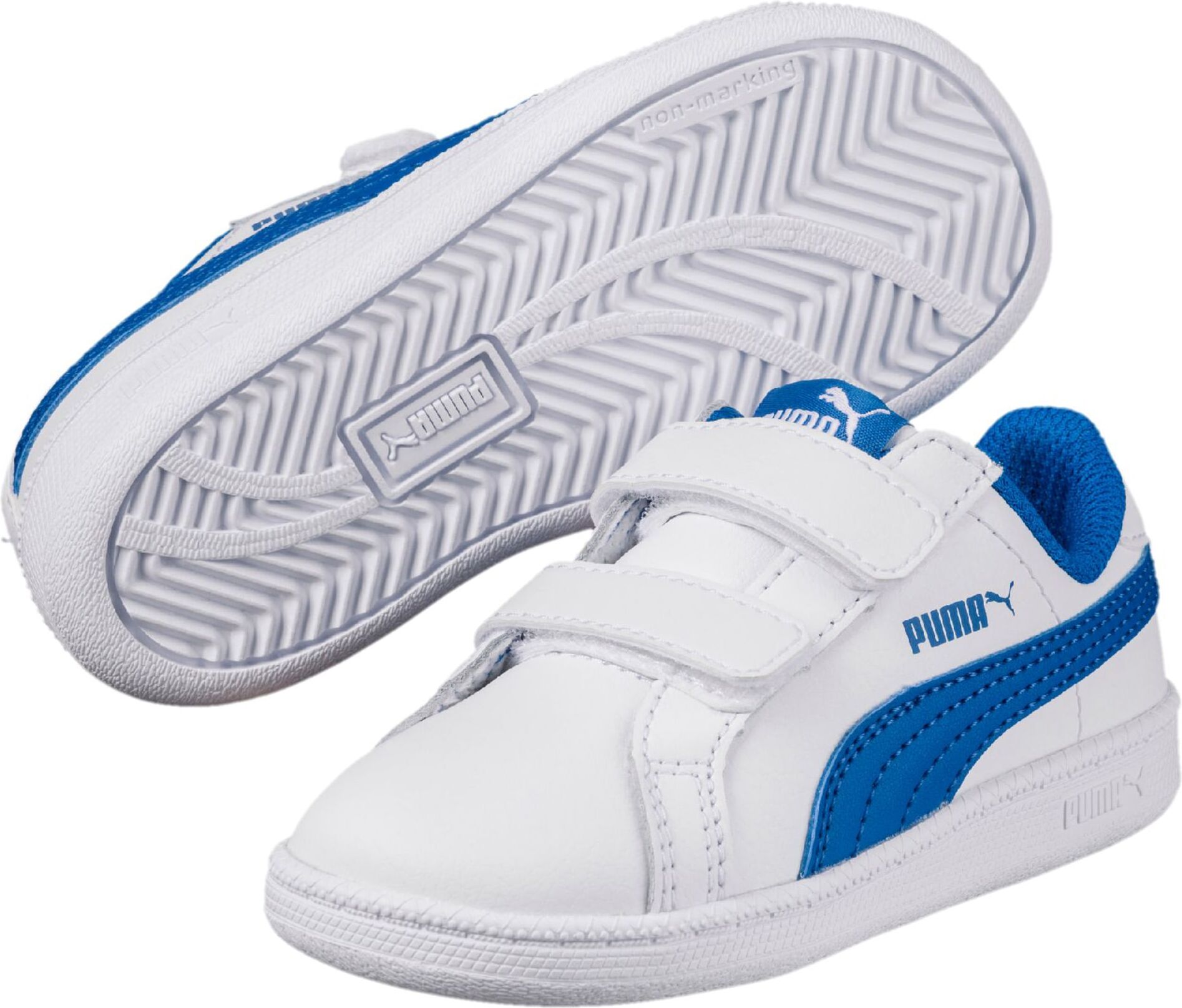 PUMA Chaussure Basket Smash en cuir V PS pour enfant, Blanc/Bleu, Taille 32.5, Chaussures