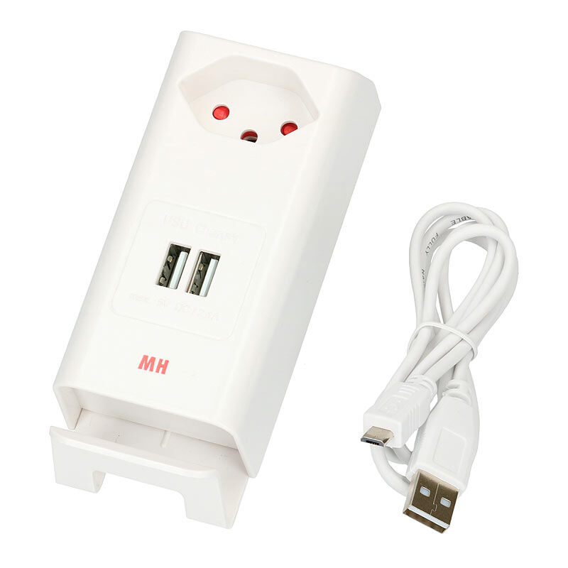 MAX HAURI AG Twin-USB-Charger mit integrierter Steckdose und Handyhalterung, weiss