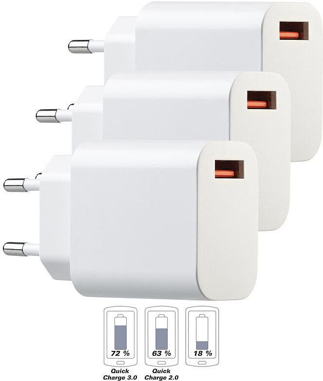 revolt 3er-Set 230-V-USB-Netzteil, Quick Charge 3.0, 3,6 - 12 V, max. 19,5 W