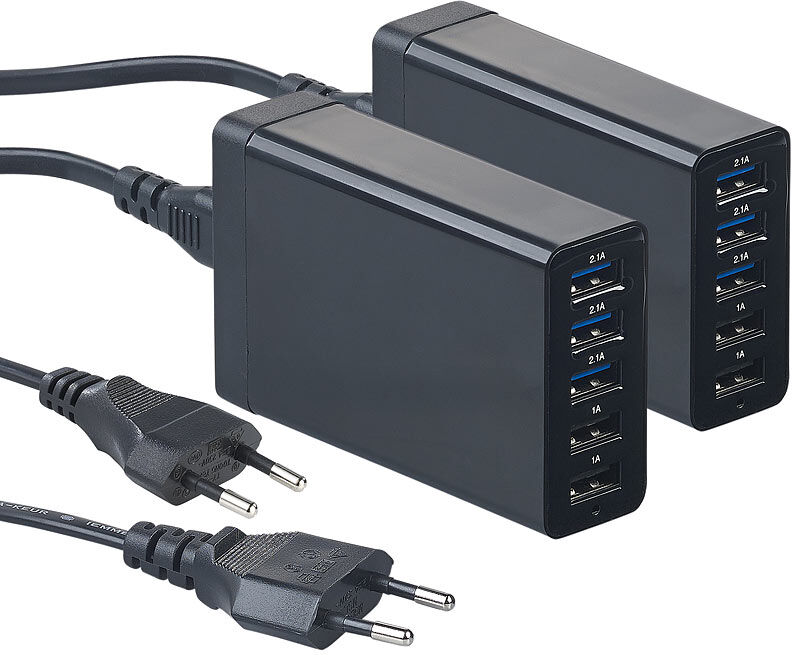 revolt 2er-Set 5-Port-USB-Netzteil mit dynamischer Ladestrom-Anpassung, 40 W