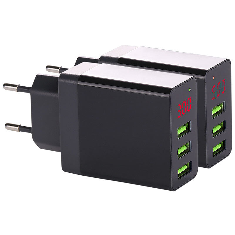 revolt 2er-Set Intelligentes 3-Port-USB-Wandnetzteil mit LED-Display, 15,5 W