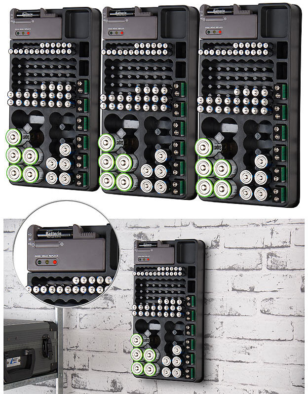 tka Köbele Akkutechnik 3er-Set 2in1-Batterie-Organizer für 98 Batterien, mit Batterie-Tester