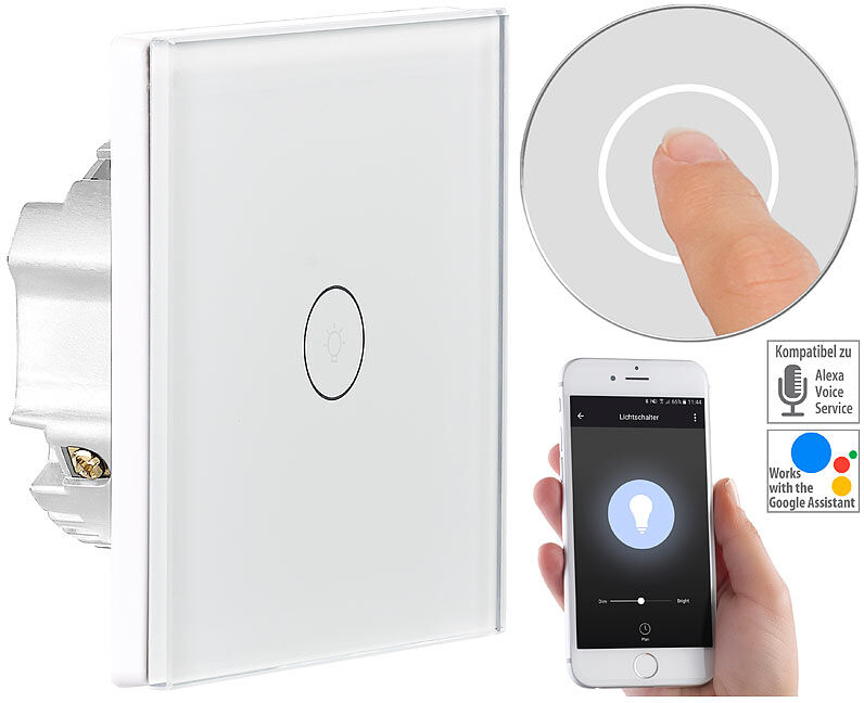 Luminea Home Control Touch-Lichtschalter, WLAN, kompat. zu Siri, Alexa & Google Assistant