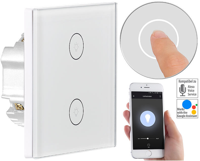 Luminea Home Control Touch-Doppel-Lichttaster, Amazon Alexa & Google Assistant kompatibel