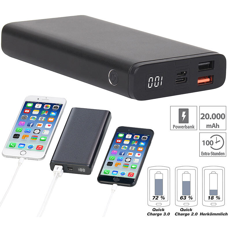 revolt Powerbank mit Quick Charge 3.0 und USB Typ C PD, 20.000 mAh, 3 A, 18 W