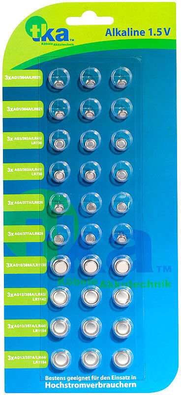 tka Köbele Akkutechnik Knopfzellen, 30er-Sparpaket,LR41/ LR43/ LR44/ LR621/ LR626/ LR1130