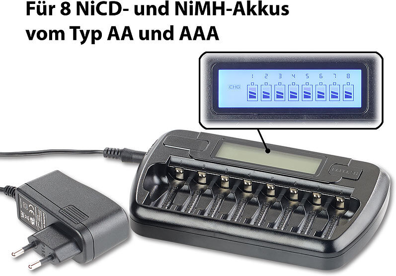 tka Köbele Akkutechnik Ladegerät für 8 AA(A)-Akkus, LCD-Display und Einzelschacht-Überwachung