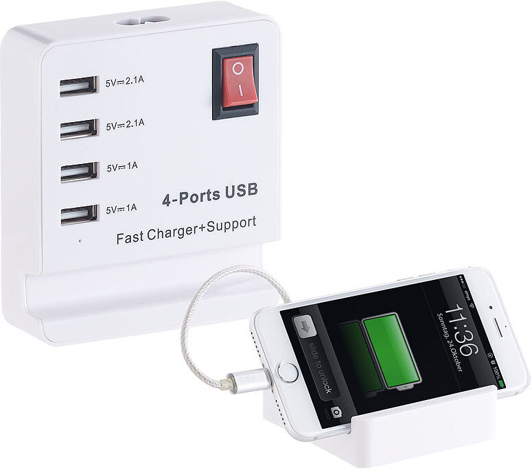 revolt USB-Netzteil mit Smartphone-Ablage, 4 Ports: 2x 2,1 A, 2x 1 A