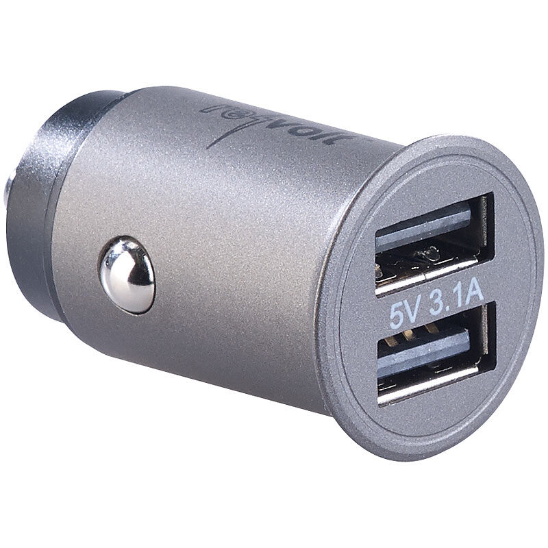 revolt Mini-Kfz-USB-Ladegerät mit 2 Ports, für 12/24 V, 3,1 A, 15,5 W, Alu