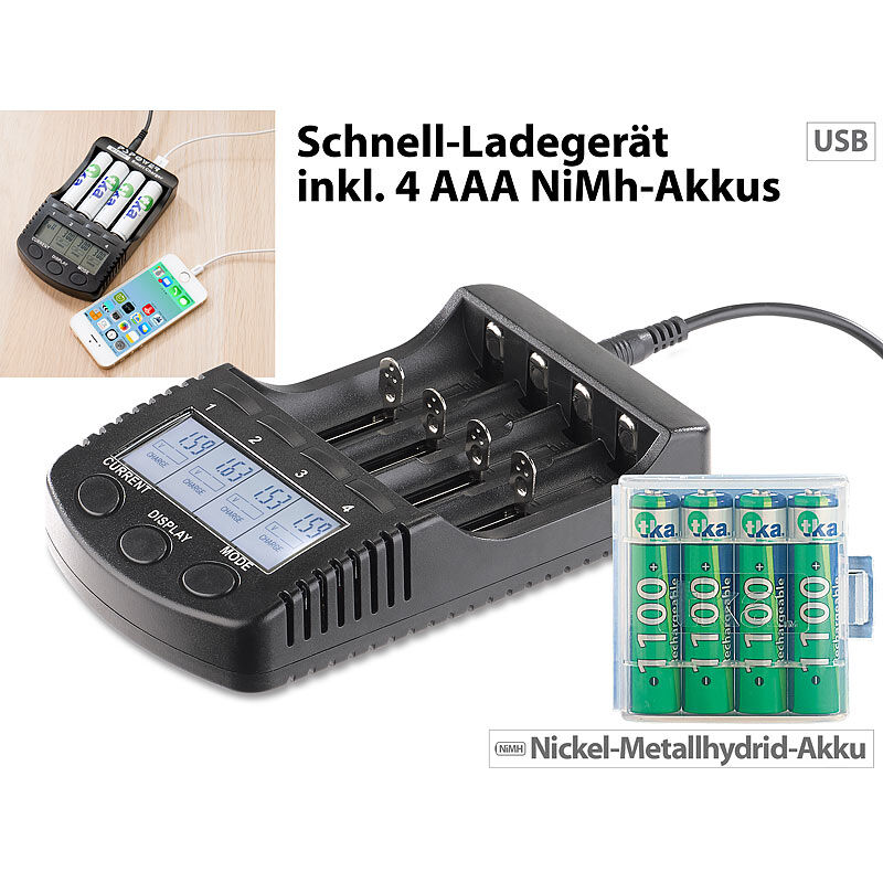 tka Köbele Akkutechnik Hochleistungs-Schnell-Ladegerät mit Display und 4 NiMH-Akkus Typ AAA
