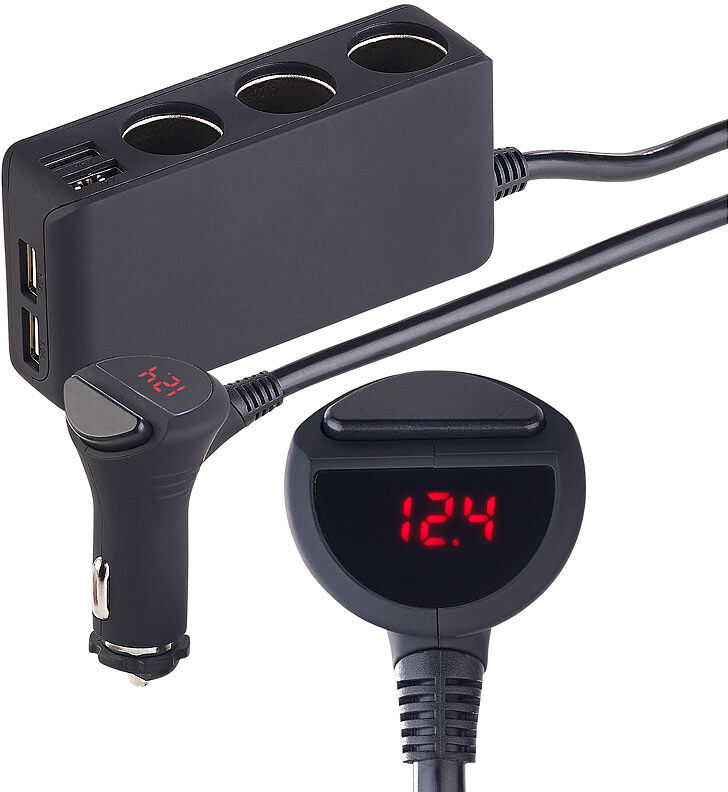 revolt Kfz-Verteiler mit 3x 12-/24-Volt- & 4x USB-Buchse, LCD-Display, 120 W