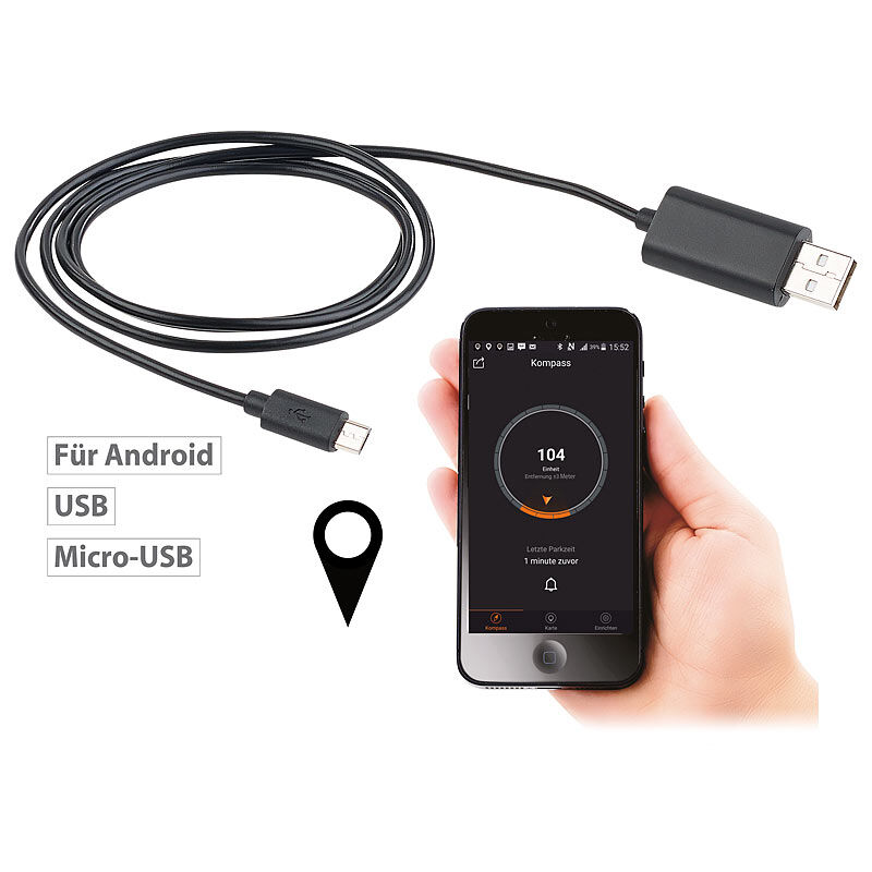 Lescars Kfz-Finder Micro-USB-Kabel mit Bluetooth, Standort-Markierung per App