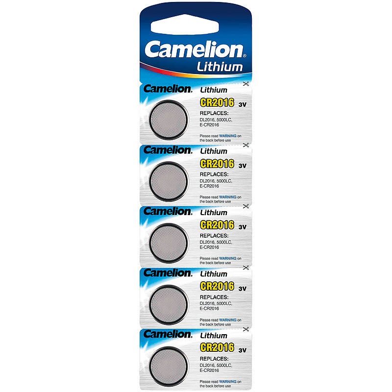 Camelion 5er-Blister Lithium-Knopfzellen Typ CR2016, 3 Volt, 75 mAh