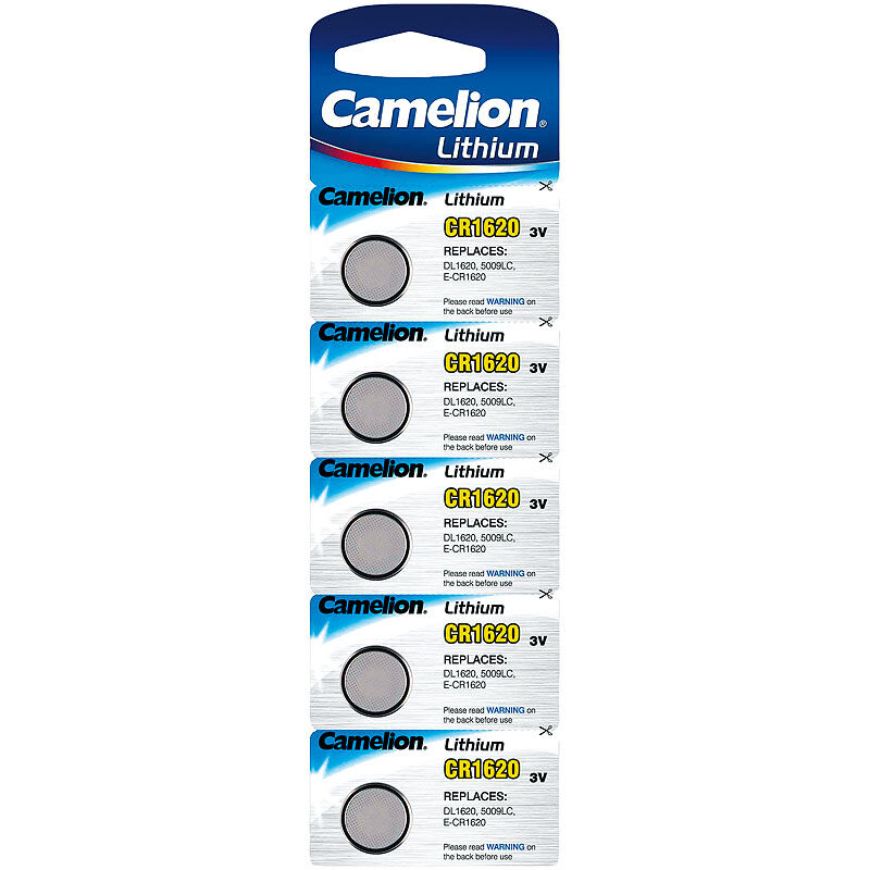 Camelion Lithium-Knopfzelle CR1620, 90 mAh, 3 Volt, 5er-Pack