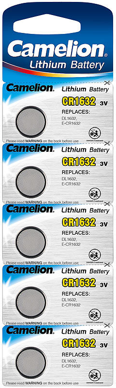 Camelion Lithium-Knopfzelle CR1632 mit 3 Volt und 120 mAh, im 5er-Blister