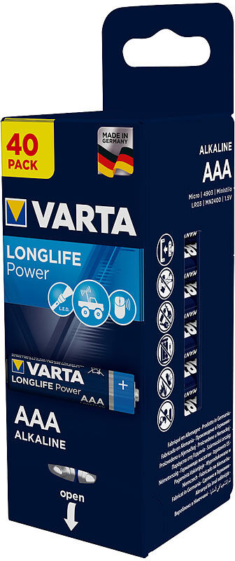 Varta Longlife Power Alkaline-Batterie, Typ AAA/Micro/LR03, 1,5 V, 40er-Set