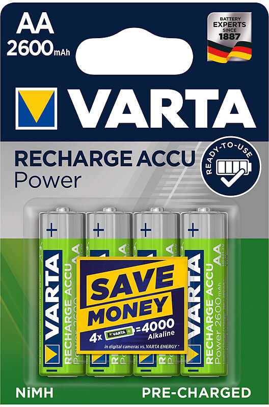 Varta Accu Power NiMH-Akku, Typ AA/Mignon/HR06, 1,2 V, 2.600 mAh, 4er-Set