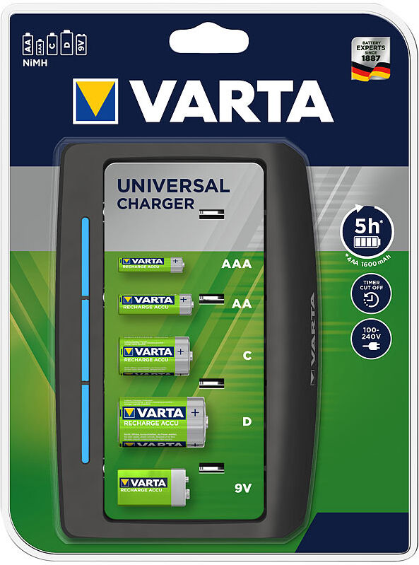 Varta Universal-Akku-Ladegerät für Typ AA / AAA / C / D / 9V, LED-Ladeanzeig