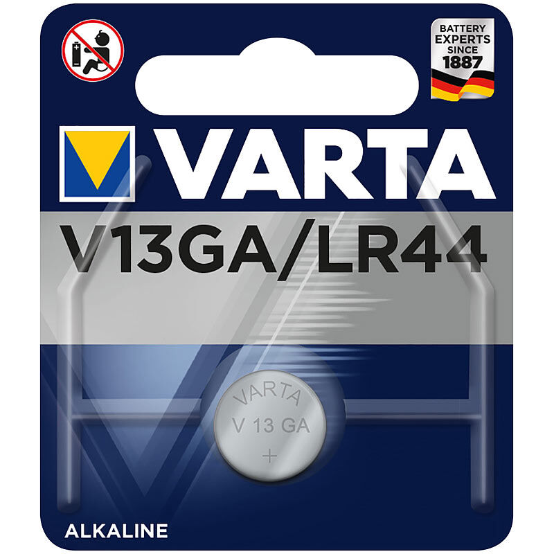 Varta Electronics Alkaline-Knopfzelle, Typ LR44 / VG13GA, 155 mAh, 1,5 Volt