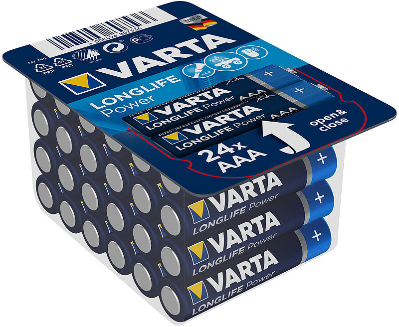 Varta Longlife Power Alkaline-Batterien Typ AAA / Micro, 1,5 Volt, 24er-Pack