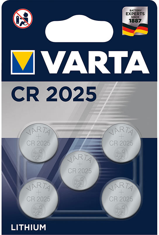 Varta Electronics Lithium Knopfzelle, CR2025, 3 Volt, 160 mAh (5er-Pack)