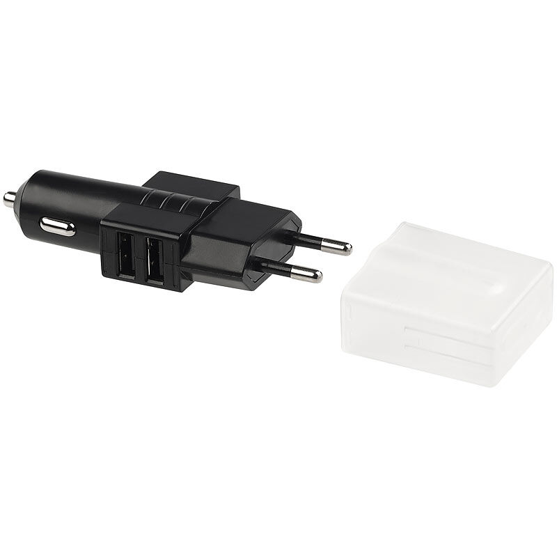 revolt 2in1-USB-Ladegerät für 230- & 12/24-Volt-Kfz-Anschluss, 2x USB, 2,1 A