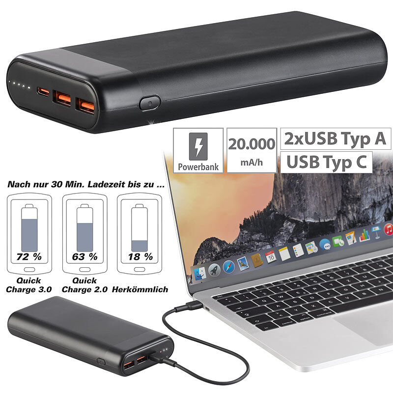 revolt USB-Powerbank mit 20 Ah, kompakt, Quick Charge & USB C PD bis 65 Watt