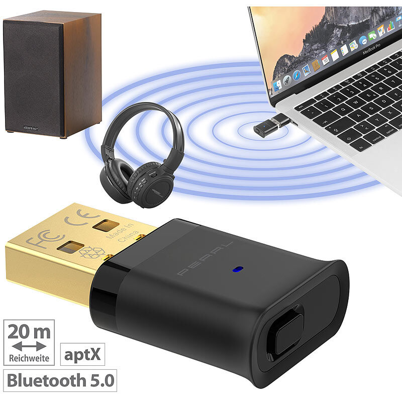 Pearl USB-Audio-Transmitter mit Bluetooth 5 und aptX HD, 20 m