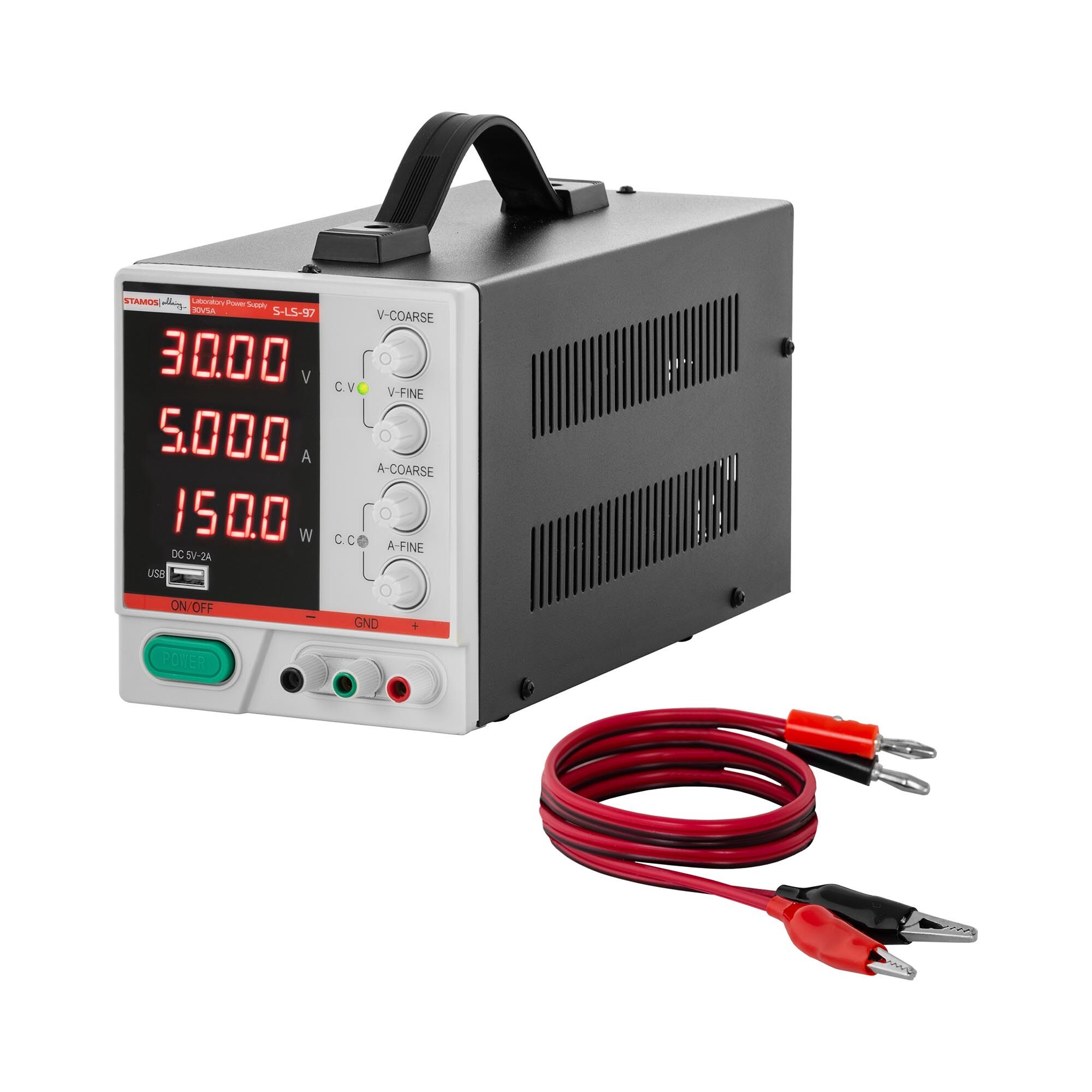 Stamos Soldering Laboratorní zdroj - 0–30 V - 0–5 A DC - 150 W - 4místní LED displej - USB S-LS-97