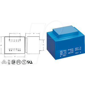 BLOCK TRANSFORMATOREN EI 54/18,8 212 - Printtrafo, 16 VA, 2x 12 V, 2x 666 mA, RM 30 mm