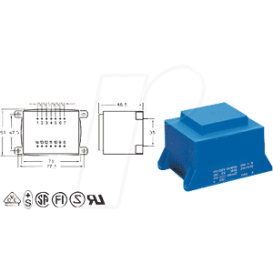 BLOCK TRANSFORMATOREN EI 66/23 212 - Printtrafo, 36 VA, 2x 12 V, 2x 1,5 A, RM 35 mm