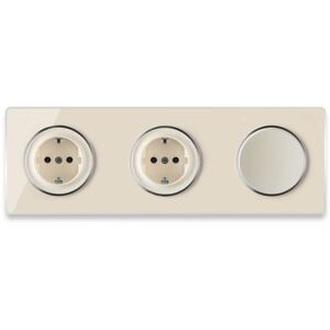 WARMON 2 Schuko-Steckdose + Lichtschalter einfach + Glas-Abdeckrahmen 3fach waagerecht - beige