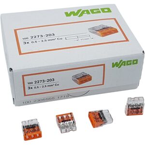 Wago - 100 Stück 2273-203 COMPACT-Verbindungsdosenklemme ø 0,5-2,5 mm², 3-polig, transparent/orange