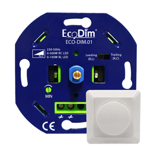 Ecodim LED Dimmer 0-300 Watt  Phasen an und abschnitt  Inkl. Blendrahmen und Knopf ECO-DIM.01