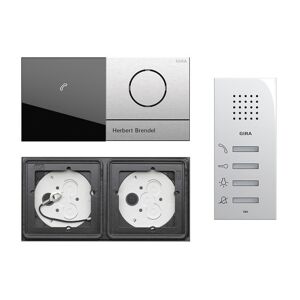 Gira 106 System 2-fach Gegensprechanlagen Set Edelstahl V4A mit Anzeigemodul und Sprachmodul mit 1 RT Edelstahl + Wohnungsstation AP 125003 mit Gravur